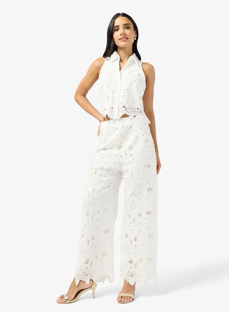 Ginger  Openwork Broderie Shirt & Wide Leg Pant Coord Set for Women | Best Price UAE